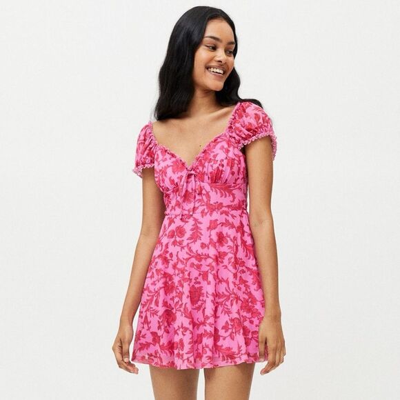 Urban Outfitters Audrey Mini Dress Small Pink Floral Sweetheart Babydoll Y2K - Picture 1 of 12